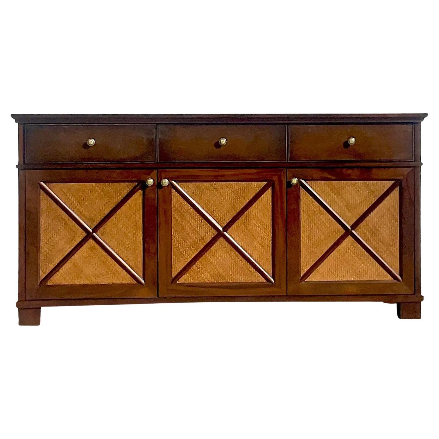 Vintage Coastal Woven Light Rattan Credenza For Sale at 1stDibs