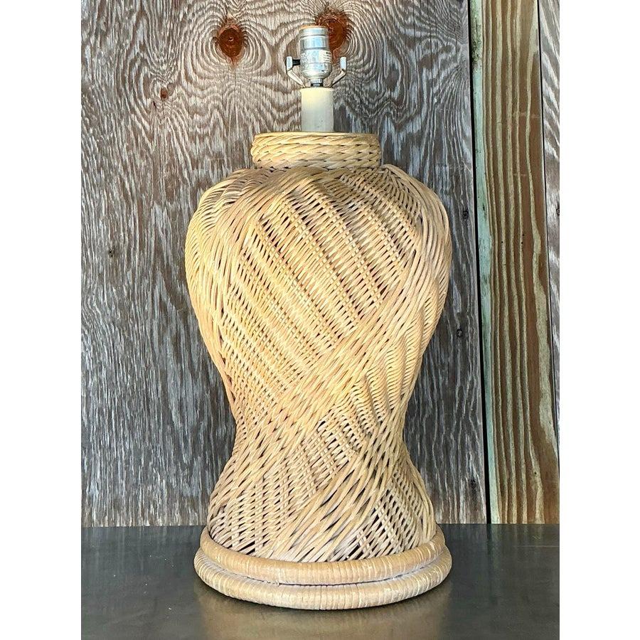 Élevez votre décoration intérieure avec cette exquise lampe en pot de gingembre vintage en rotin tressé côtier. Son design en rotin tissé de manière complexe crée une esthétique intemporelle et organique, parfaite pour ajouter de la chaleur et de la