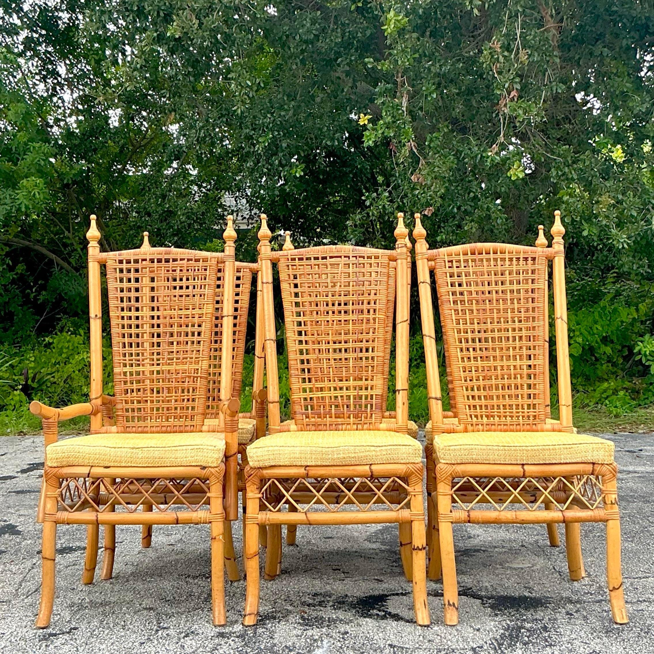 Vintage Coastal-Esszimmerstühle aus gewebtem Rattan mit hoher Rückenlehne - 6er-Set (amerikanisch) im Angebot