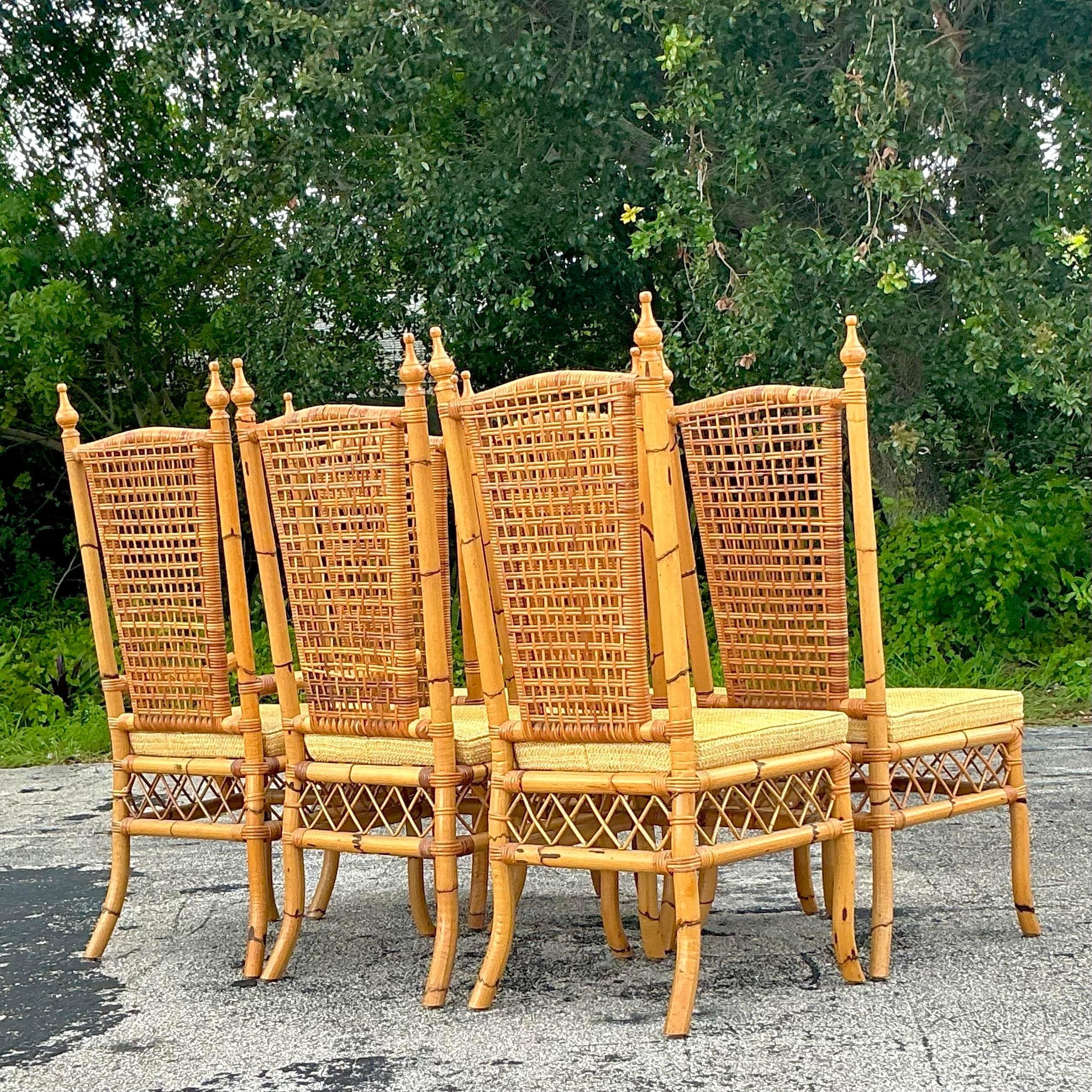Vintage Coastal-Esszimmerstühle aus gewebtem Rattan mit hoher Rückenlehne - 6er-Set im Zustand „Gut“ im Angebot in west palm beach, FL