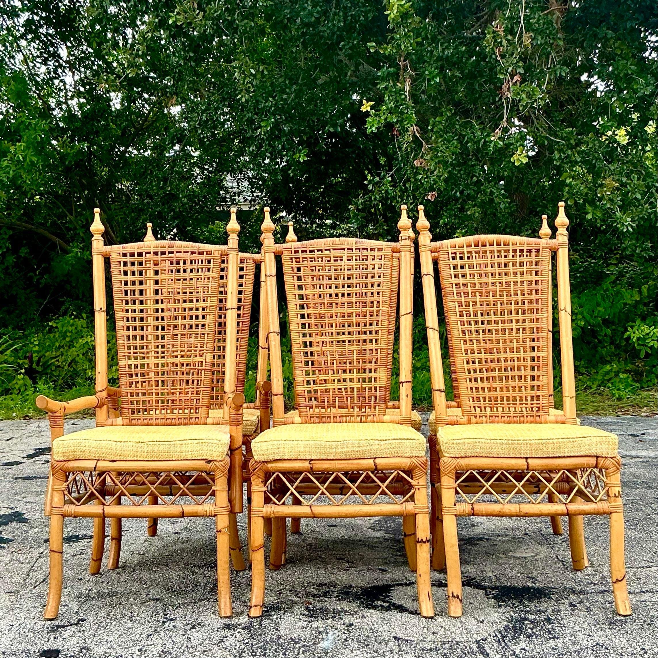 Vintage Coastal-Esszimmerstühle aus gewebtem Rattan mit hoher Rückenlehne - 6er-Set (20. Jahrhundert) im Angebot