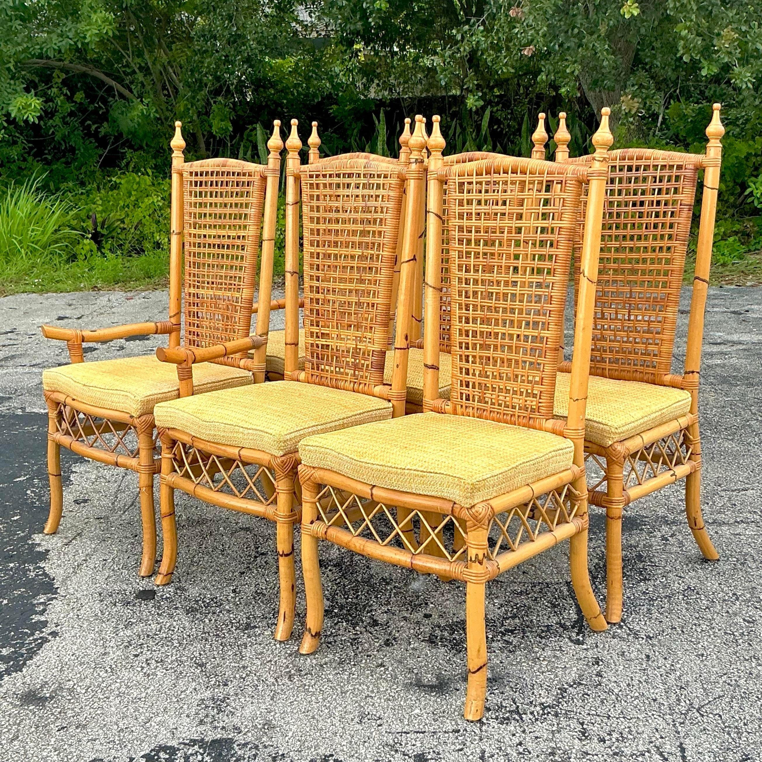 Vintage Coastal-Esszimmerstühle aus gewebtem Rattan mit hoher Rückenlehne - 6er-Set im Angebot 2