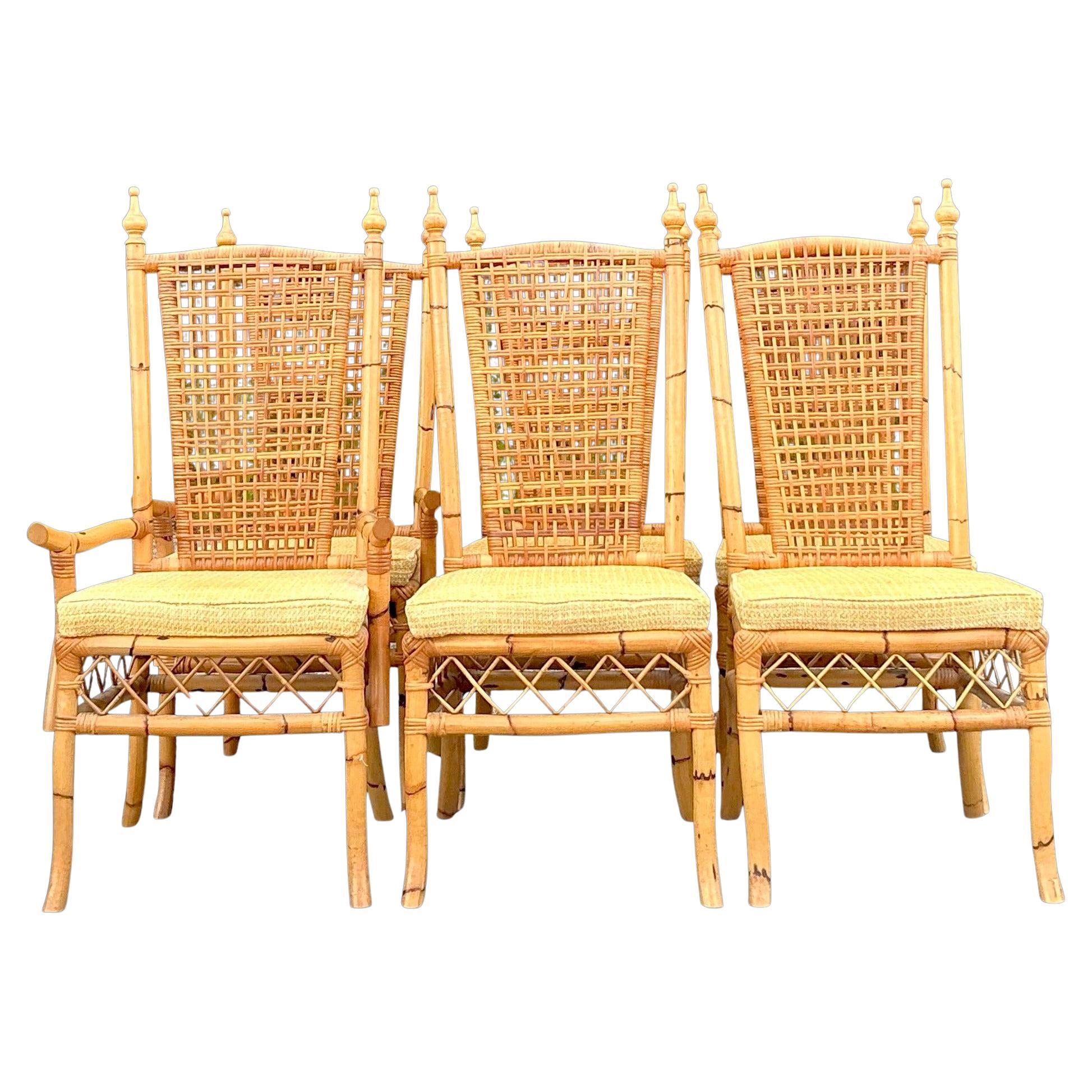 Sedie da pranzo con schienale alto in rattan intrecciato vintage - Set di 6
