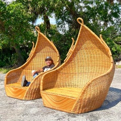 Vintage Coastal Woven Rattan Hooded Lounge Chairs - a Pair
