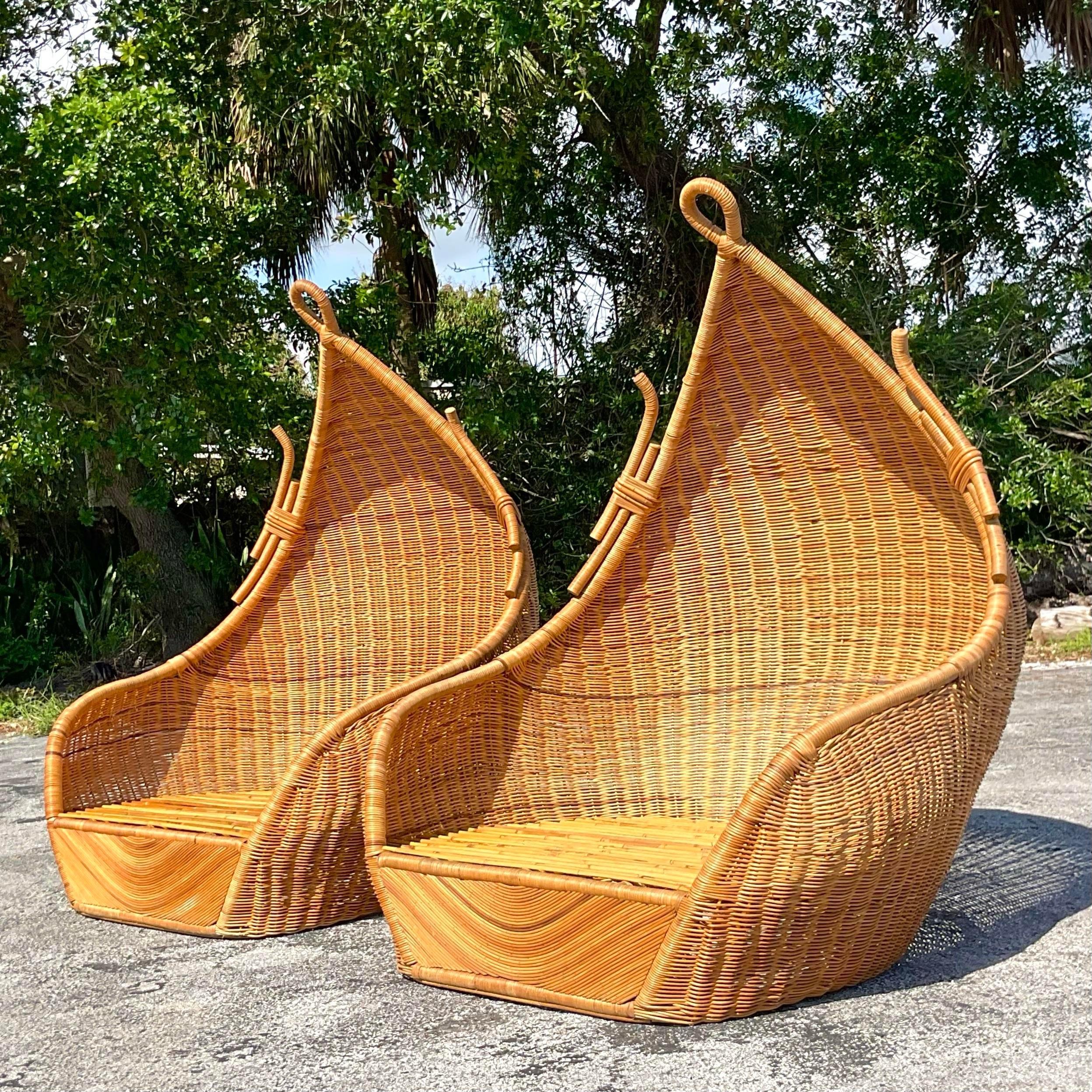 20th Century Vintage Coastal Woven Rattan Hooded Lounge Chairs - a Pair For Sale