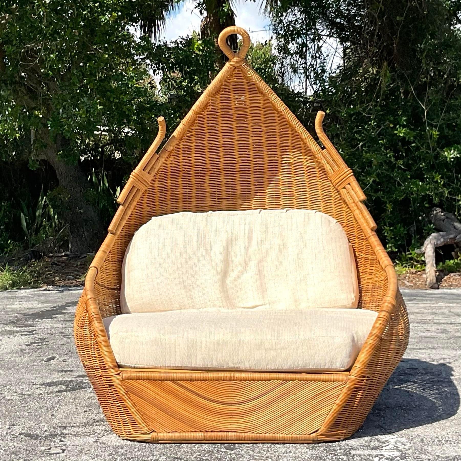 Vintage Coastal Woven Rattan Hooded Lounge Chairs - a Pair In Good Condition For Sale In west palm beach, FL