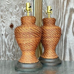 Vintage Coastal Woven Rattan Lamps - a Pair