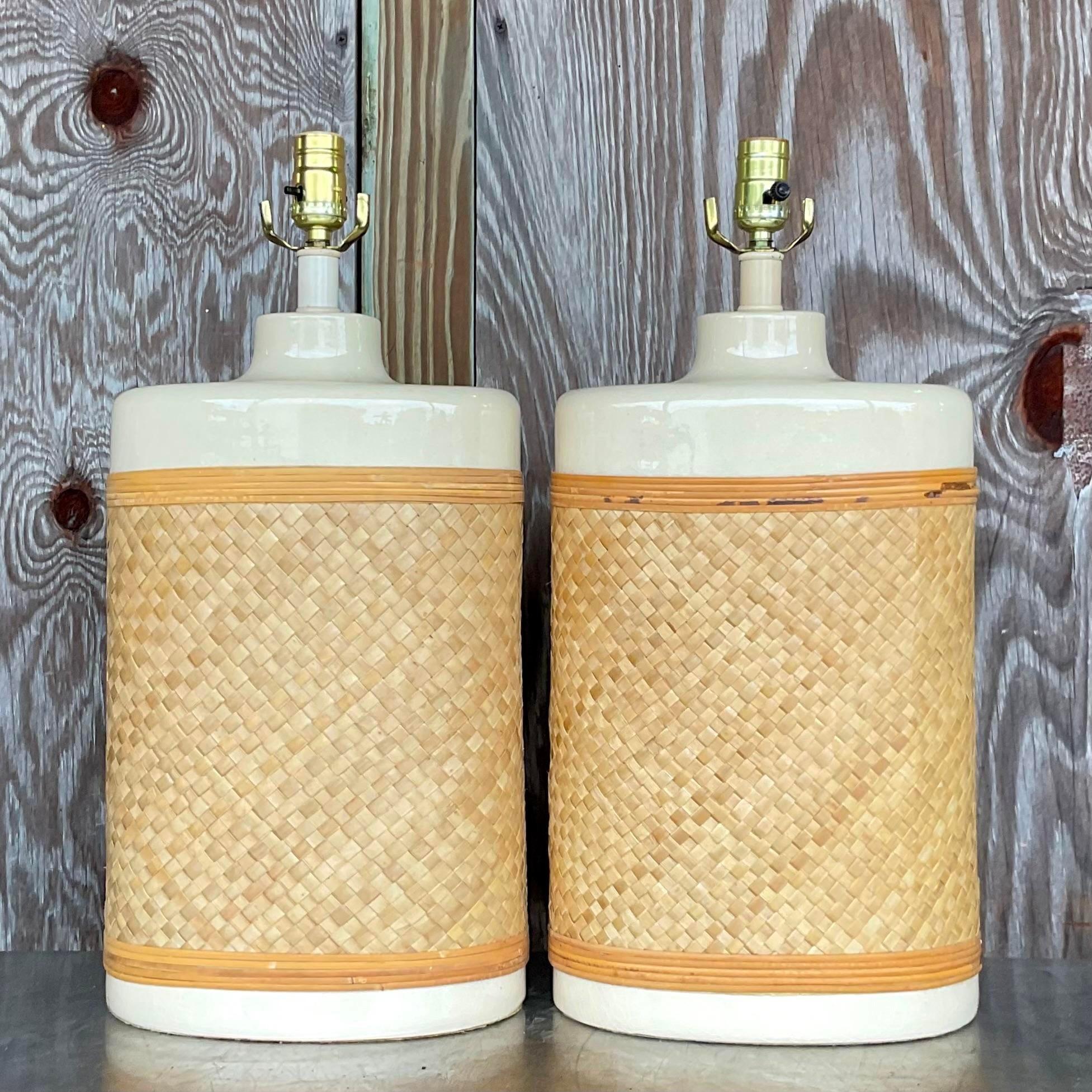 American Vintage Coastal Woven Rattan Lamps - a Pair For Sale