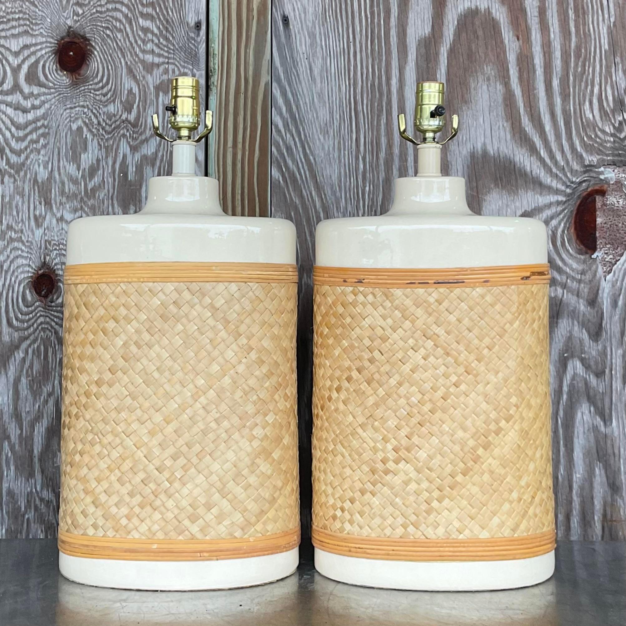 Vintage Coastal Woven Rattan Lamps - a Pair In Good Condition For Sale In west palm beach, FL