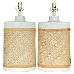 Coastal-Lampen aus gewebtem Rattan im Vintage-Stil – ein Paar