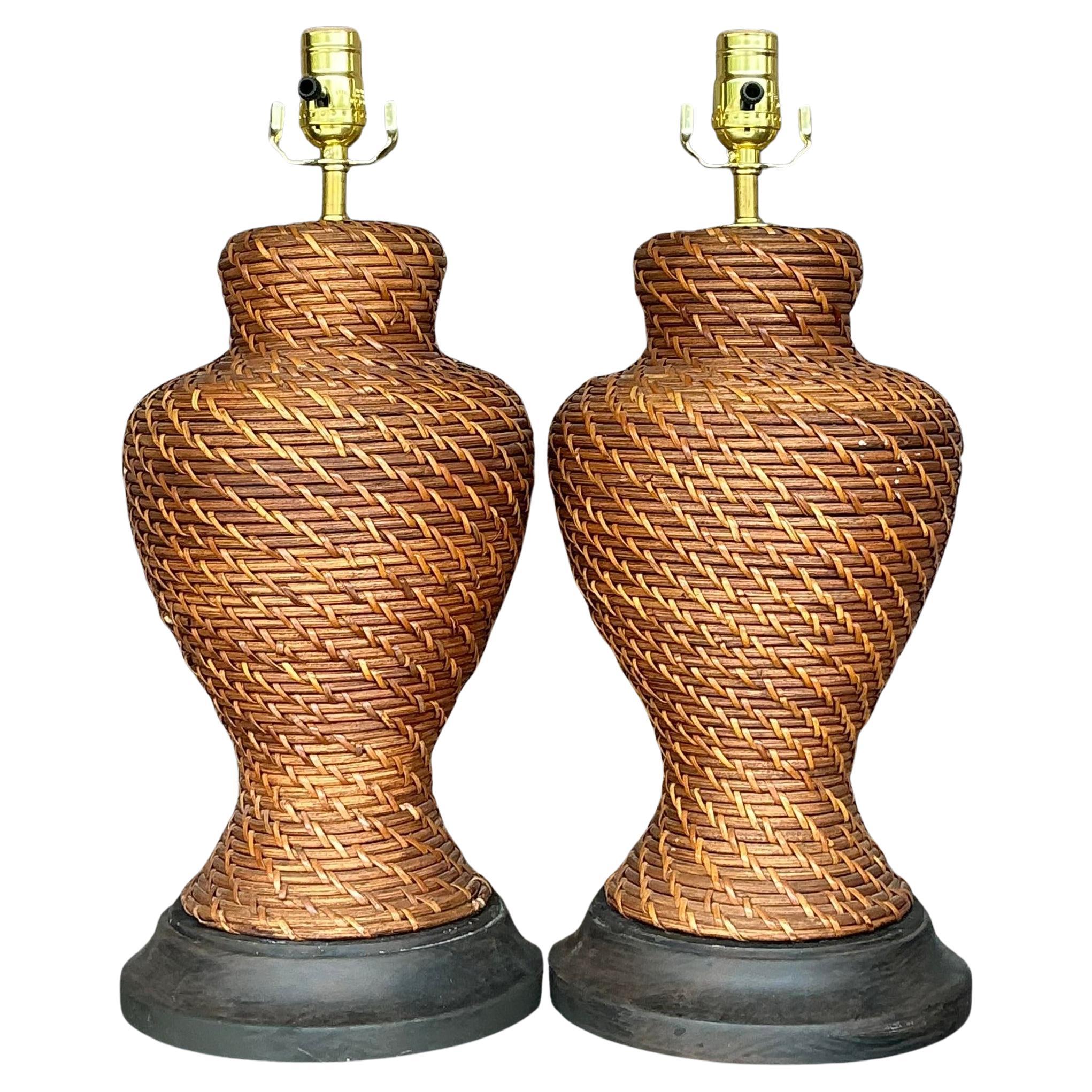 Vintage Coastal Woven Rattan Lamps - a Pair