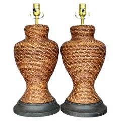 Vintage Coastal Woven Rattan Lamps - a Pair