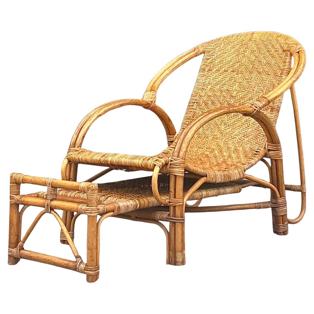 Vintage Coastal Woven Rattan Lounge Chair With Extending Foot Rest