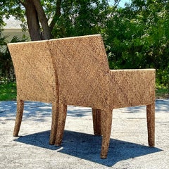Vintage Coastal Woven Rattan Lounge Chairs - a Pair