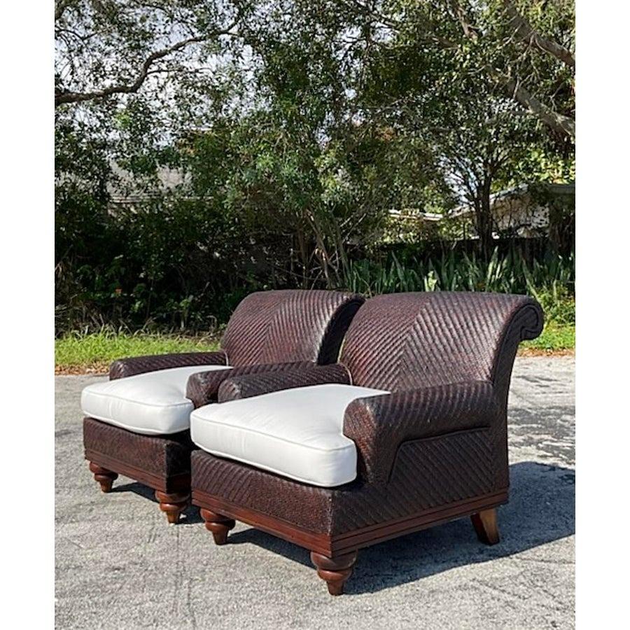 Philippine Vintage Coastal Woven Rattan Lounge Chairs - a Pair For Sale