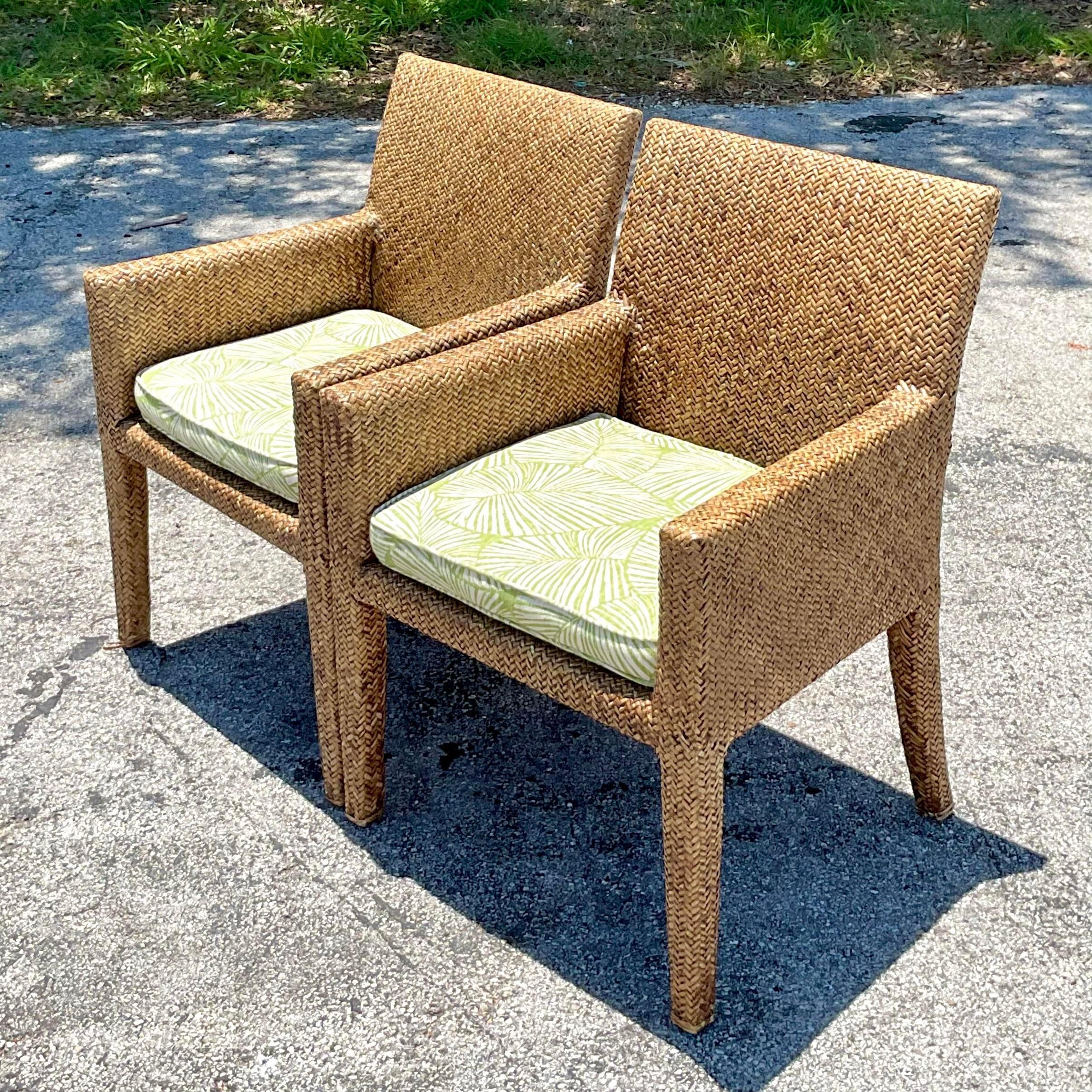 Vintage Coastal Woven Rattan Lounge Chairs - a Pair In Good Condition For Sale In west palm beach, FL