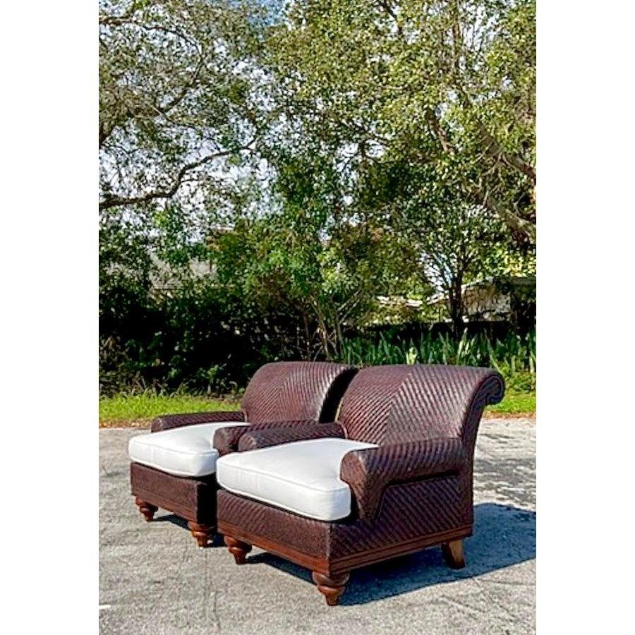 Vintage Coastal Woven Rattan Lounge Chairs - a Pair In Good Condition For Sale In west palm beach, FL