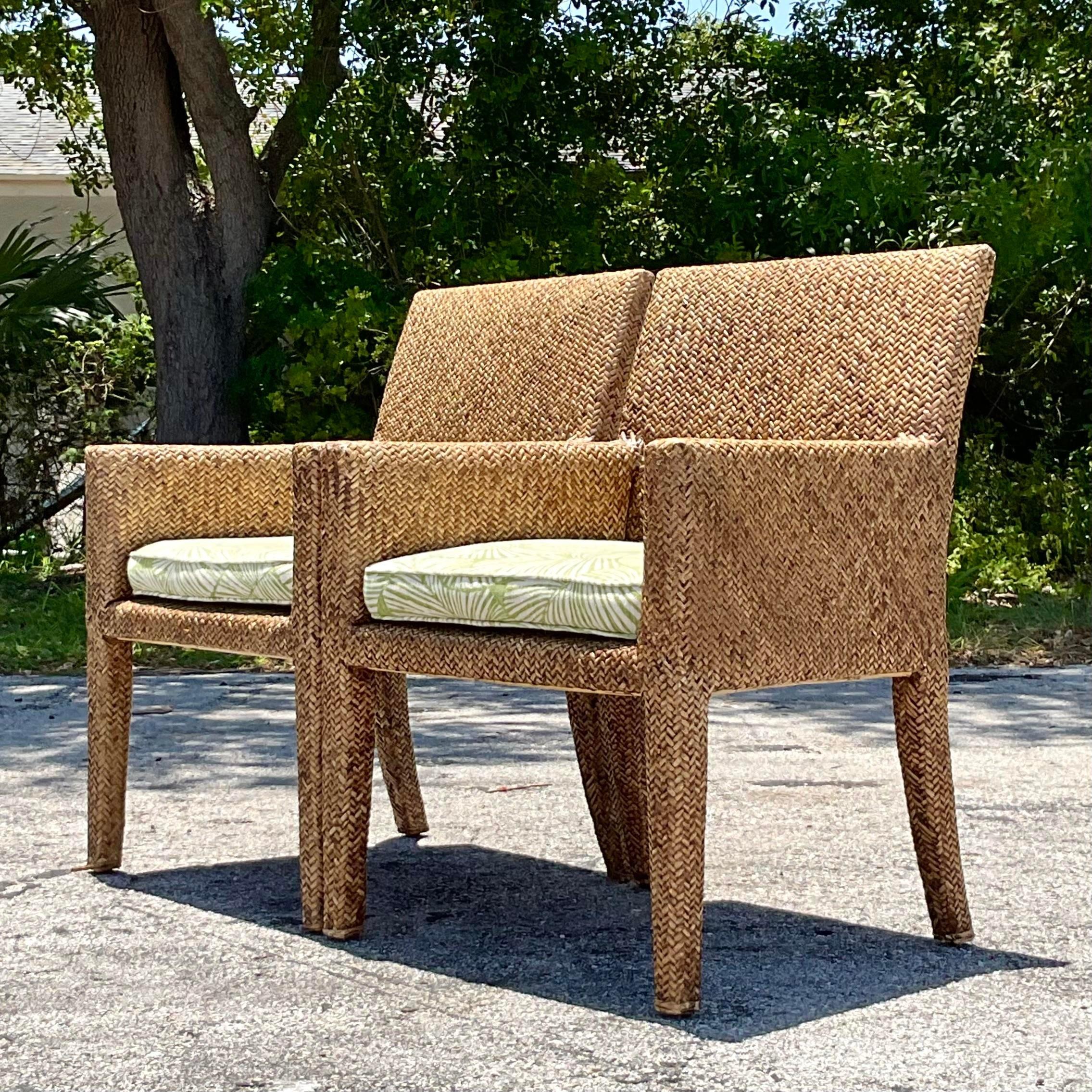 20th Century Vintage Coastal Woven Rattan Lounge Chairs - a Pair For Sale