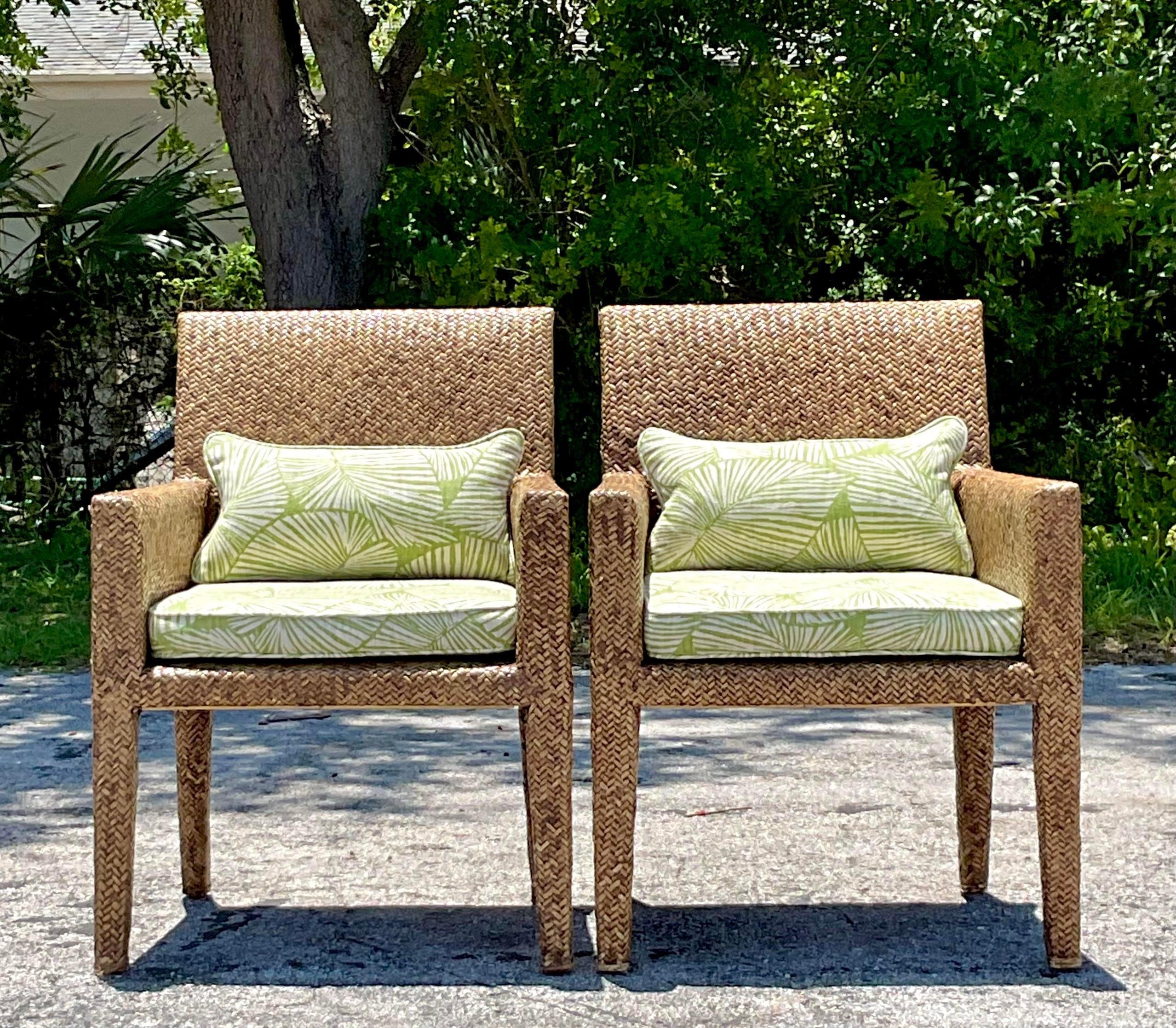 Upholstery Vintage Coastal Woven Rattan Lounge Chairs - a Pair For Sale