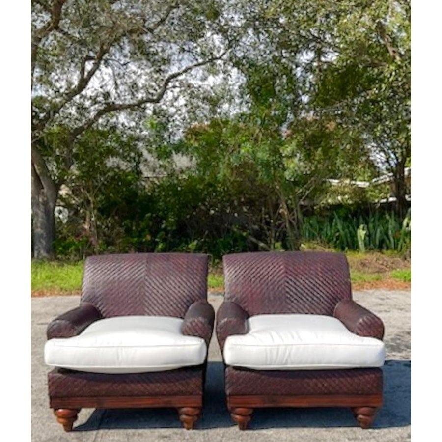 Fabric Vintage Coastal Woven Rattan Lounge Chairs - a Pair For Sale
