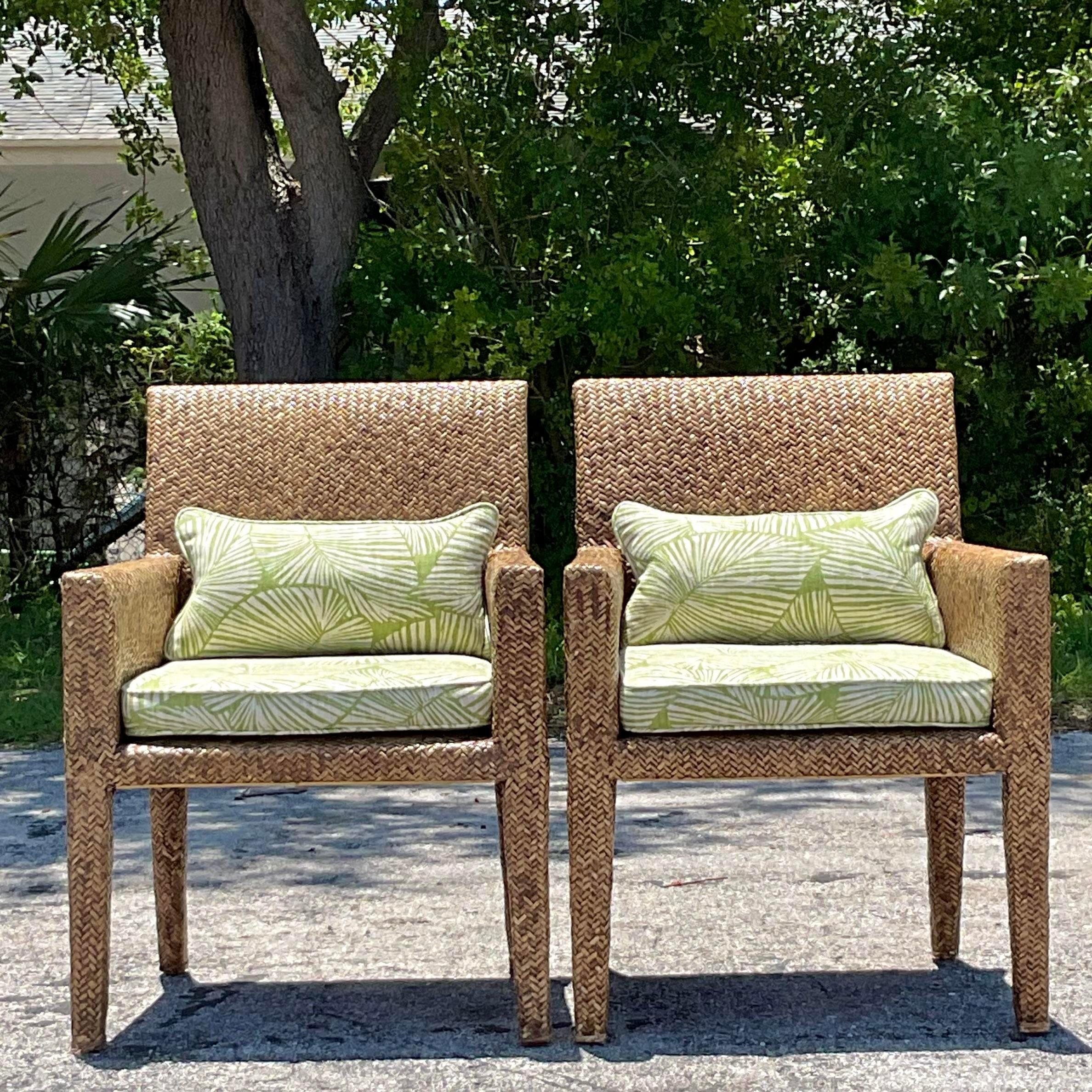 Vintage Coastal Woven Rattan Lounge Chairs - a Pair For Sale 1
