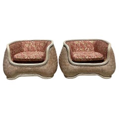 Vintage Coastal Woven Rattan Lounge Chairs - a Pair