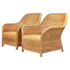 Vintage Coastal Woven Rattan Lounge Chairs - a Pair