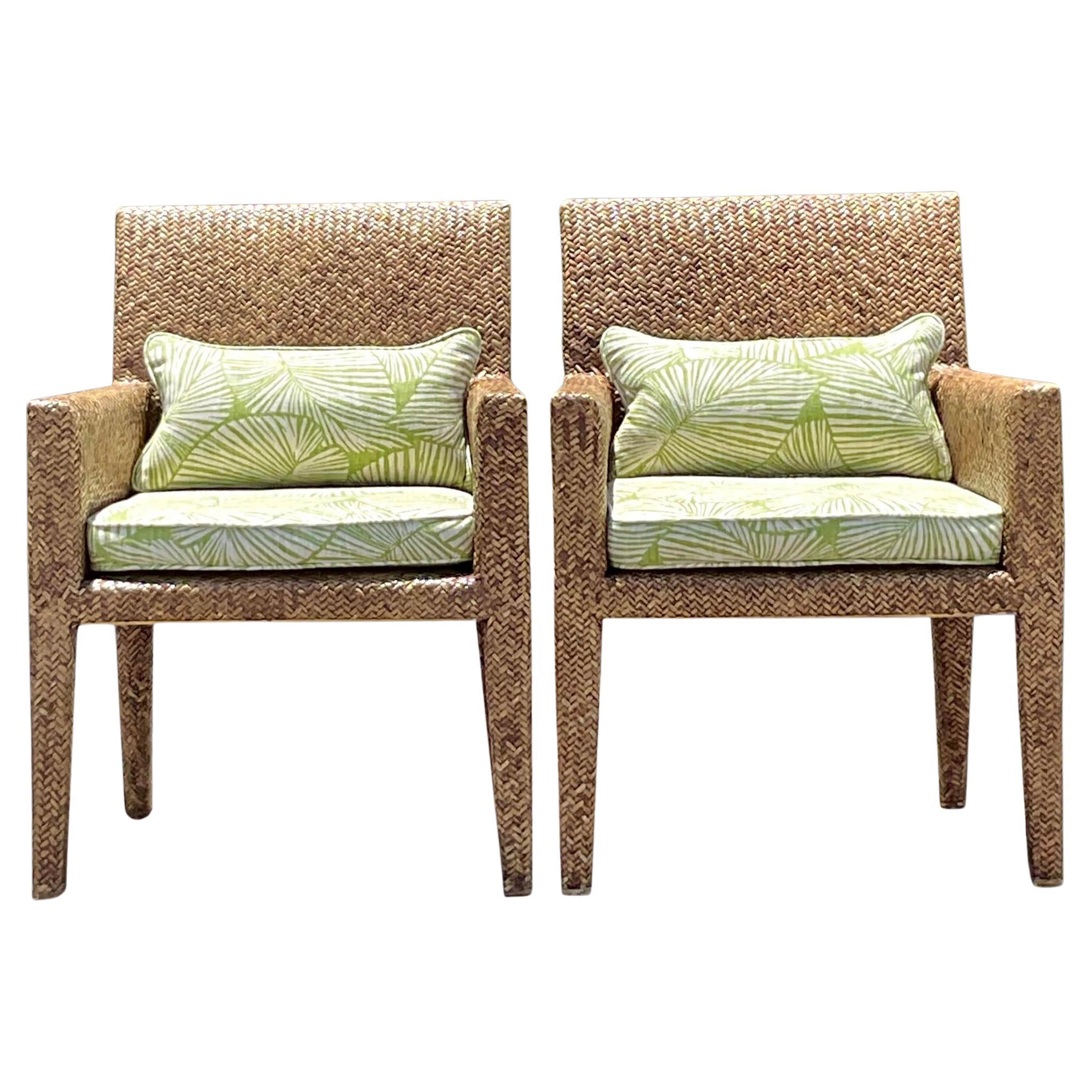 Vintage Coastal Woven Rattan Lounge Chairs - a Pair