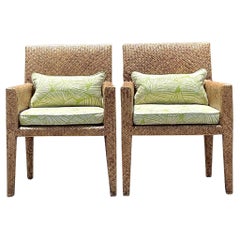 Vintage Coastal Woven Rattan Lounge Chairs - a Pair
