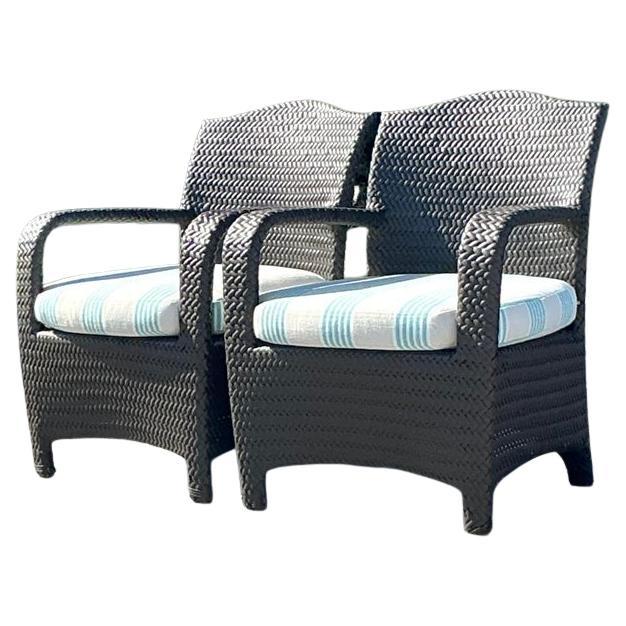 Vintage Coastal Woven Rattan Lounge Chairs - a Pair