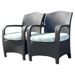 Vintage Coastal Woven Rattan Lounge Chairs - a Pair