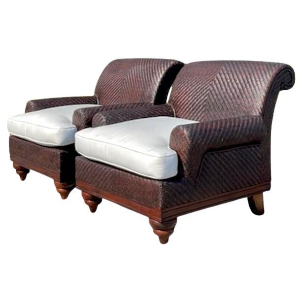 Vintage Coastal Woven Rattan Lounge Chairs - a Pair