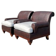 Vintage Coastal Woven Rattan Lounge Chairs - a Pair