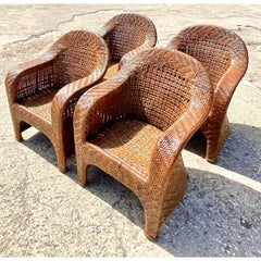 Vintage Coastal Woven Rattan Lounge Chairs After McGuire - Set of 4