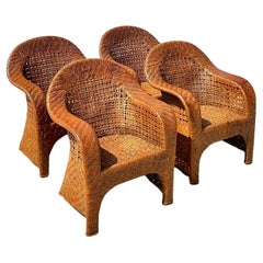 Vintage Coastal Woven Rattan Lounge Chairs After McGuire - Set of 4