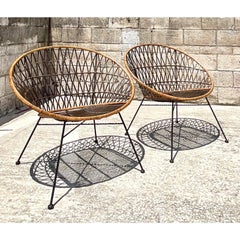 Vintage Coastal Woven Rattan Lounge Chairs After Salterini Radar Hoops