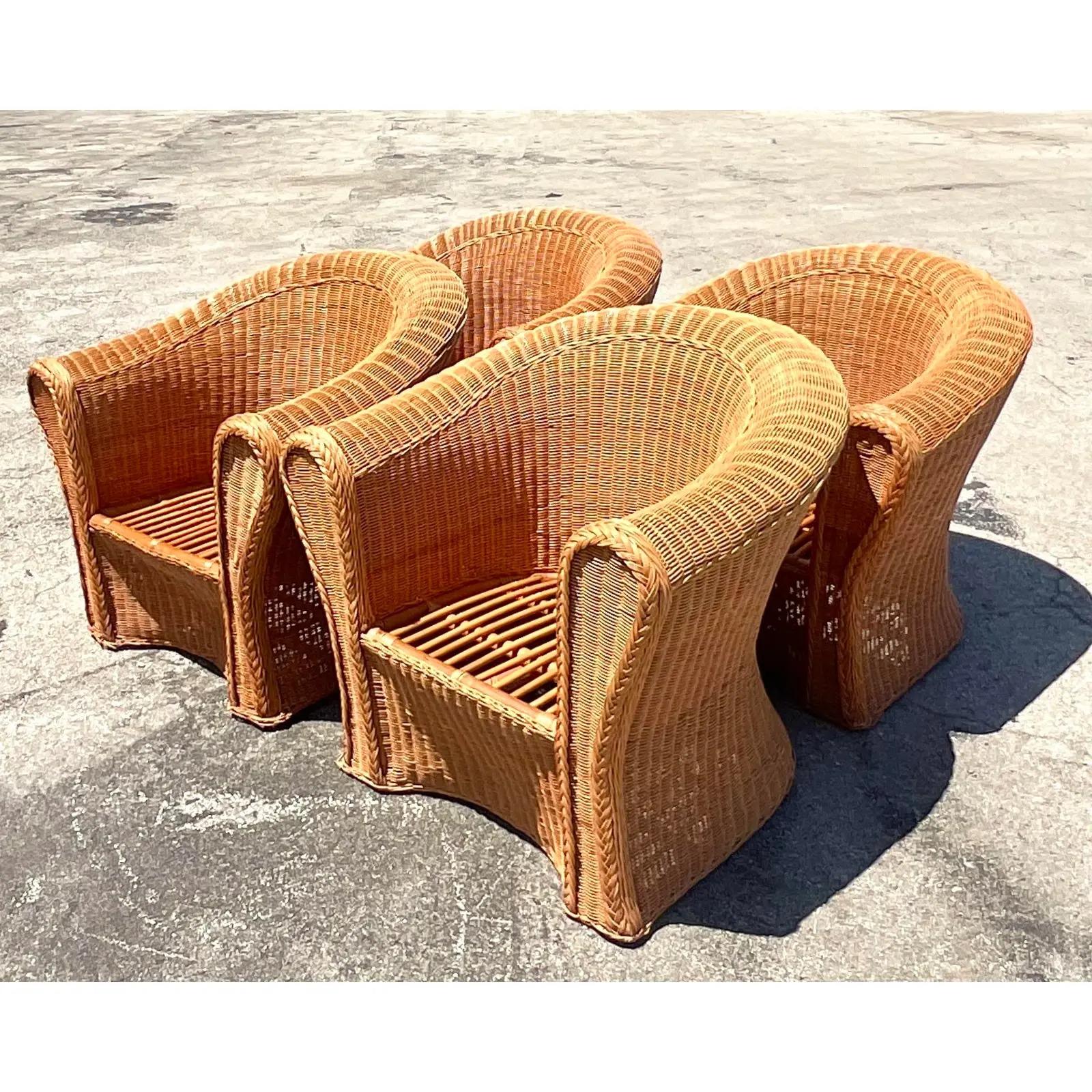 Vintage Coastal Woven Rattan Lounge Chairs, Set of 4 5