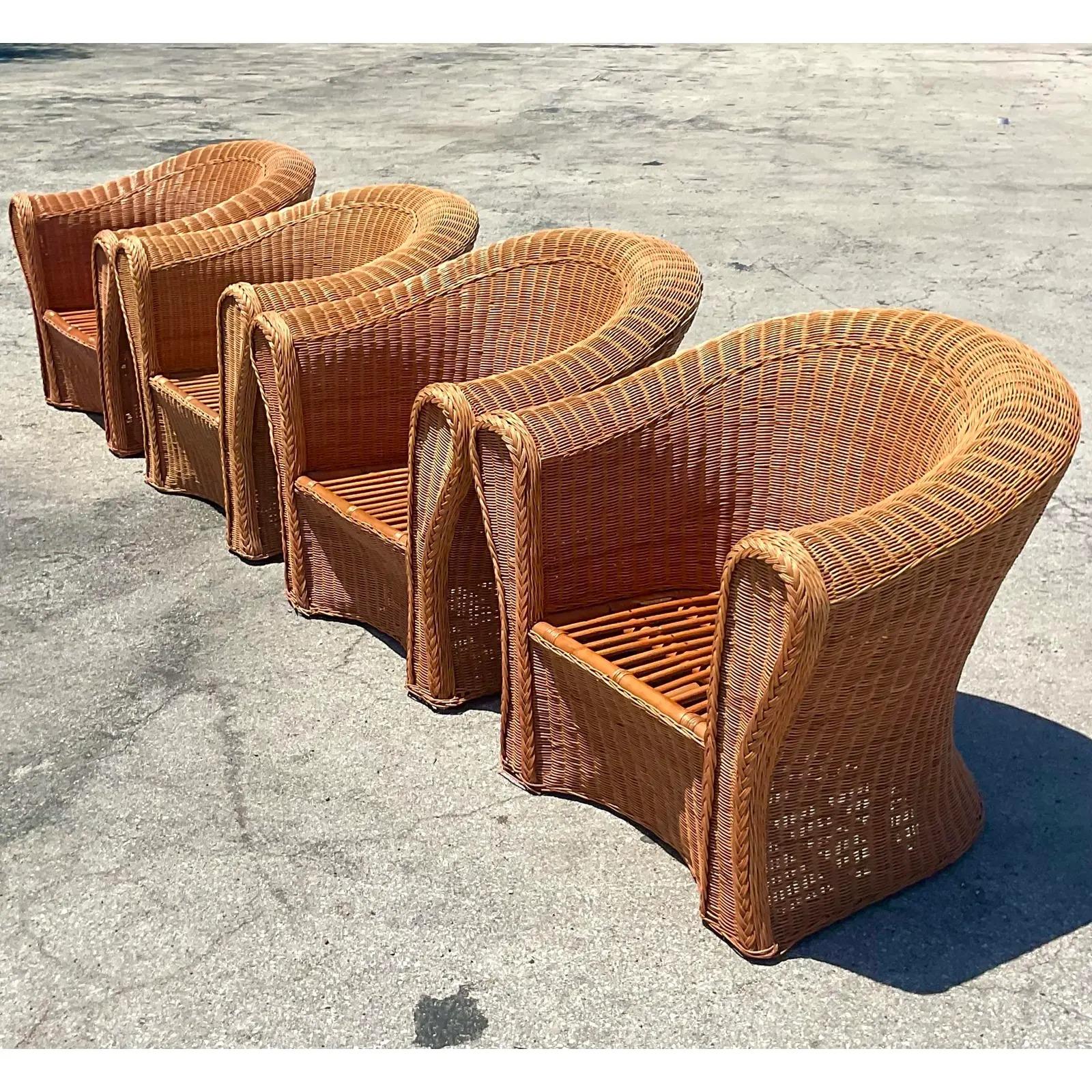 Vintage Coastal Woven Rattan Lounge Chairs, Set of 4 6