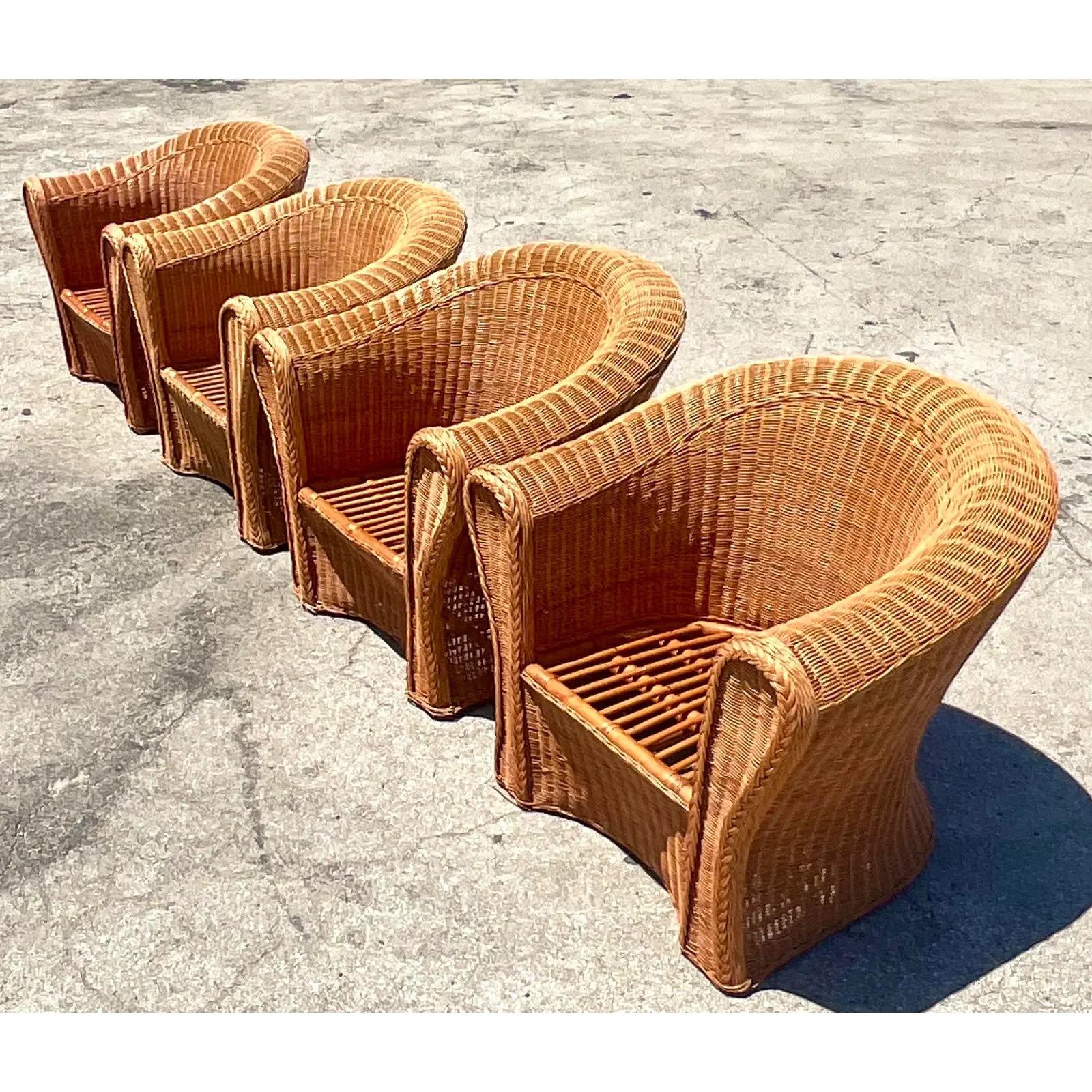 North American Vintage Coastal Woven Rattan Lounge Chairs, Set of 4