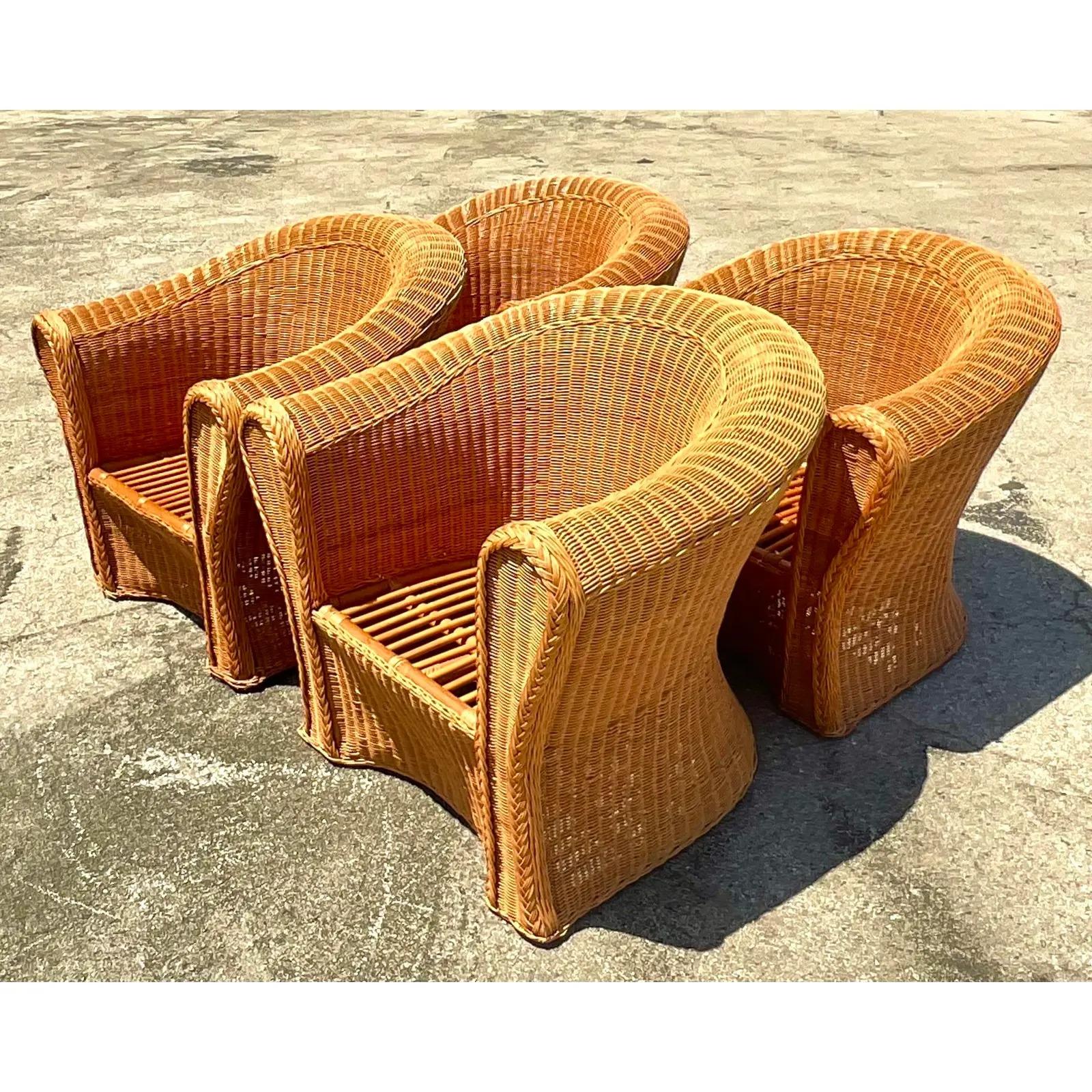 Vintage Coastal Woven Rattan Lounge Chairs, Set of 4 In Good Condition In west palm beach, FL