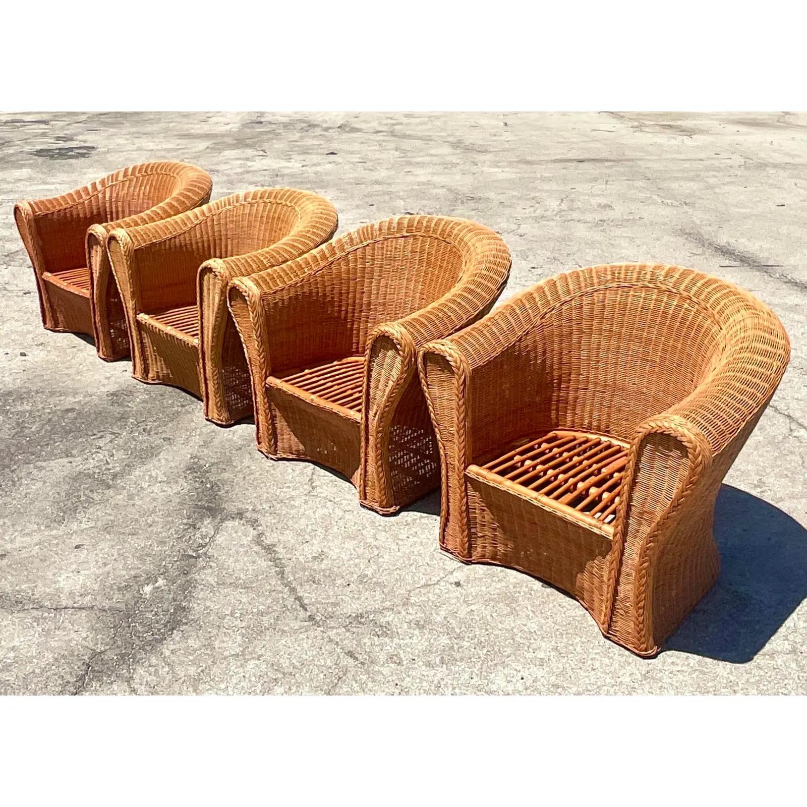 20th Century Vintage Coastal Woven Rattan Lounge Chairs, Set of 4