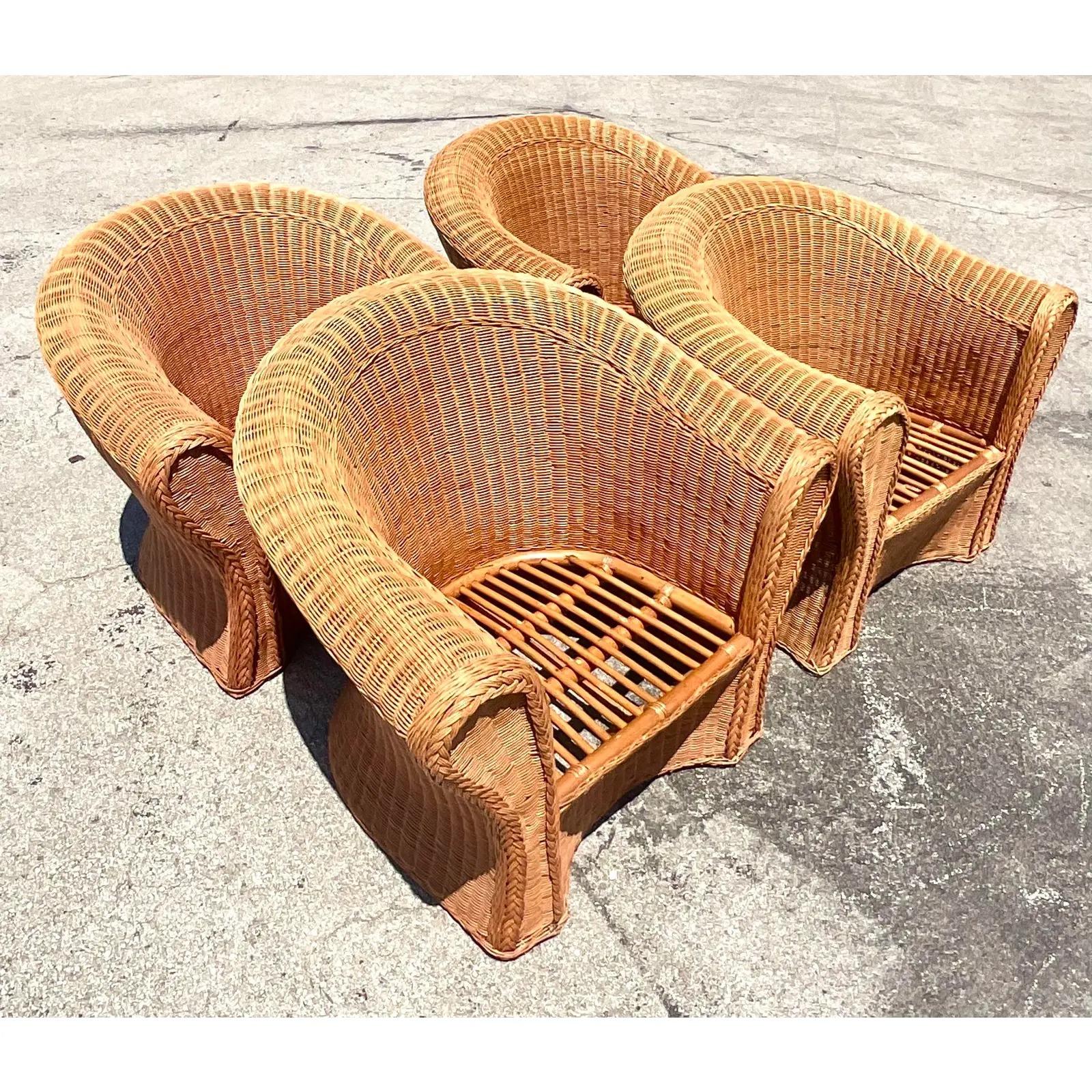 Vintage Coastal Woven Rattan Lounge Chairs, Set of 4 3