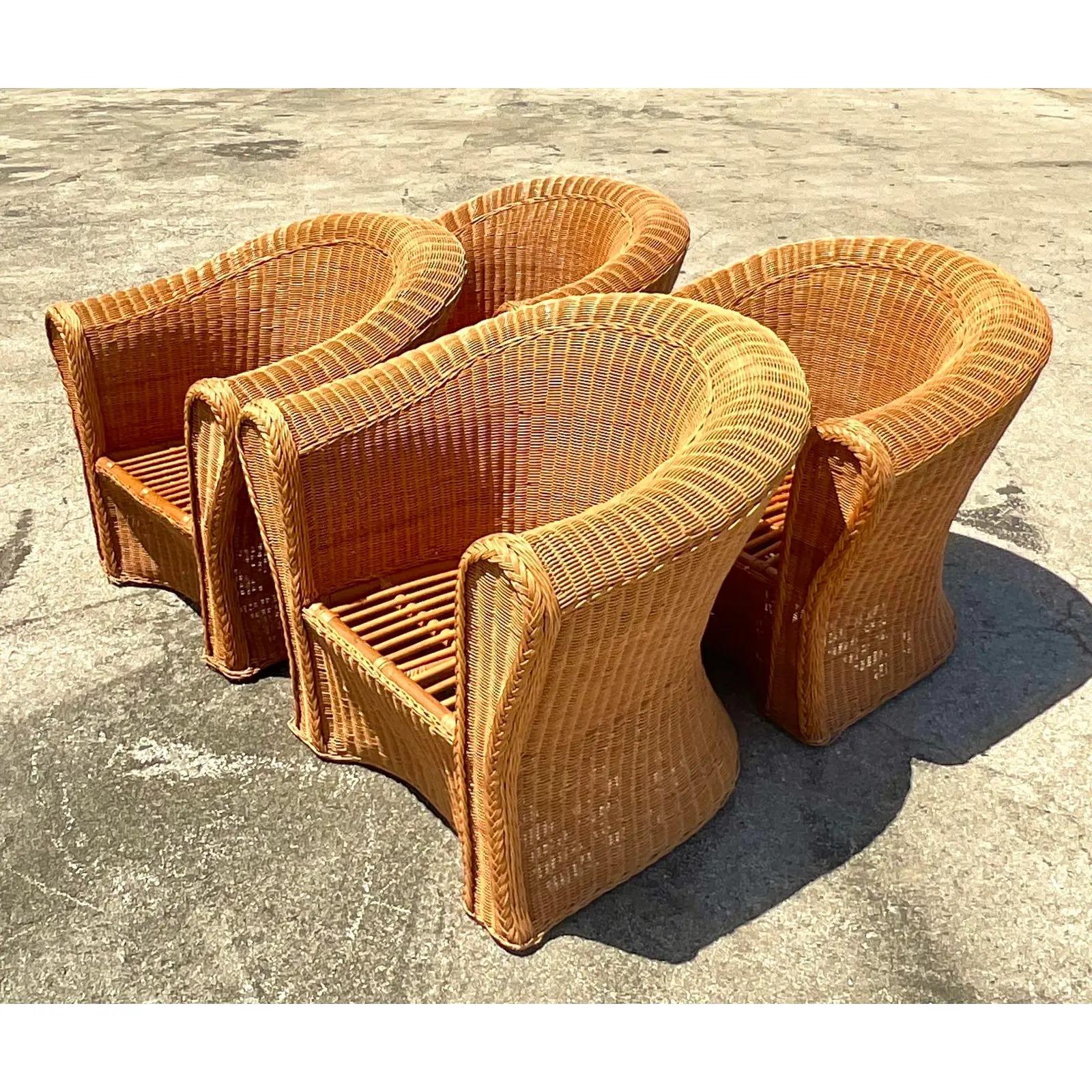 Vintage Coastal Woven Rattan Lounge Chairs, Set of 4 4