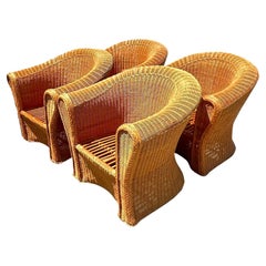 Vintage Coastal Woven Rattan Lounge Chairs, Set of 4