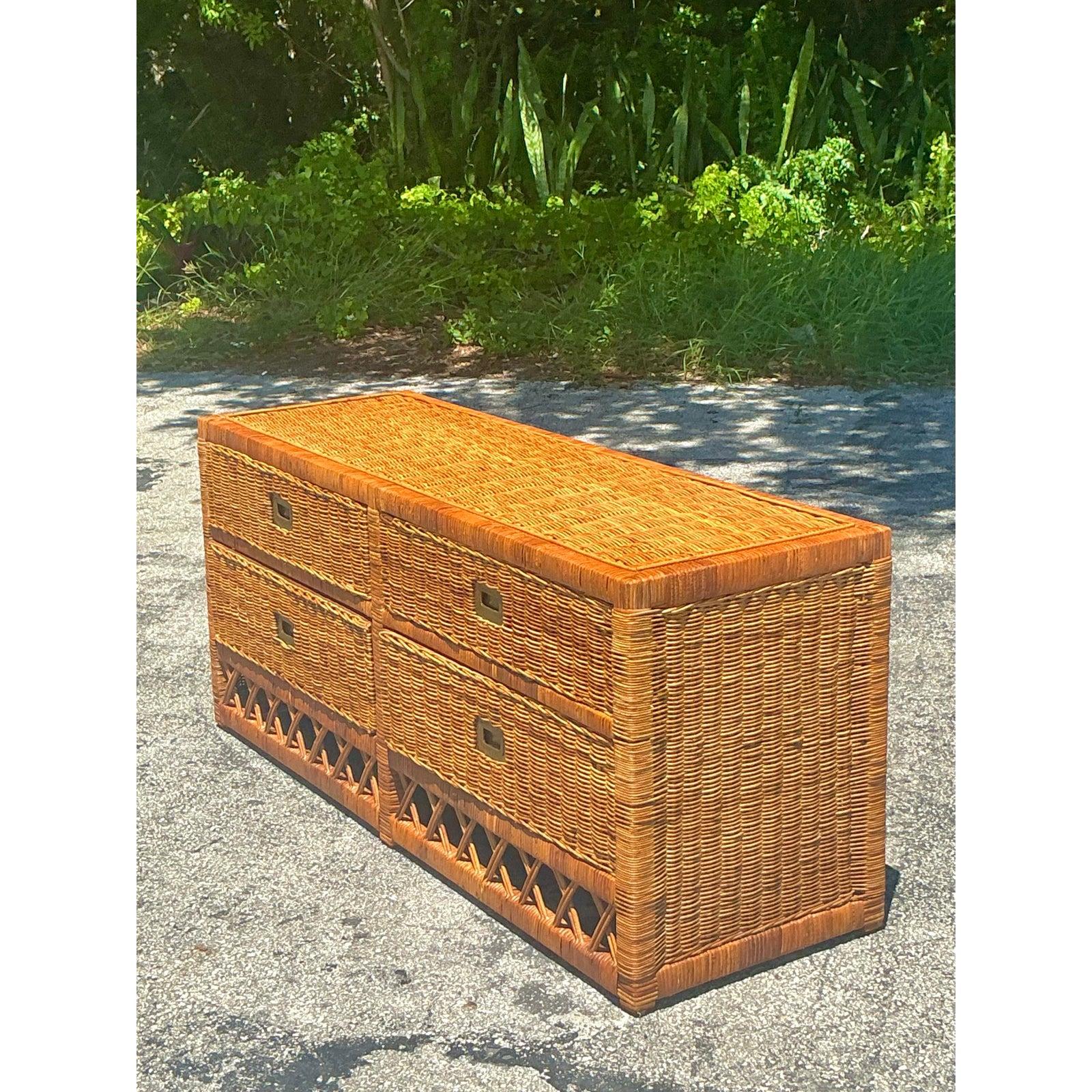 Vintage Coastal Woven Rattan Low Dresser In Good Condition For Sale In west palm beach, FL