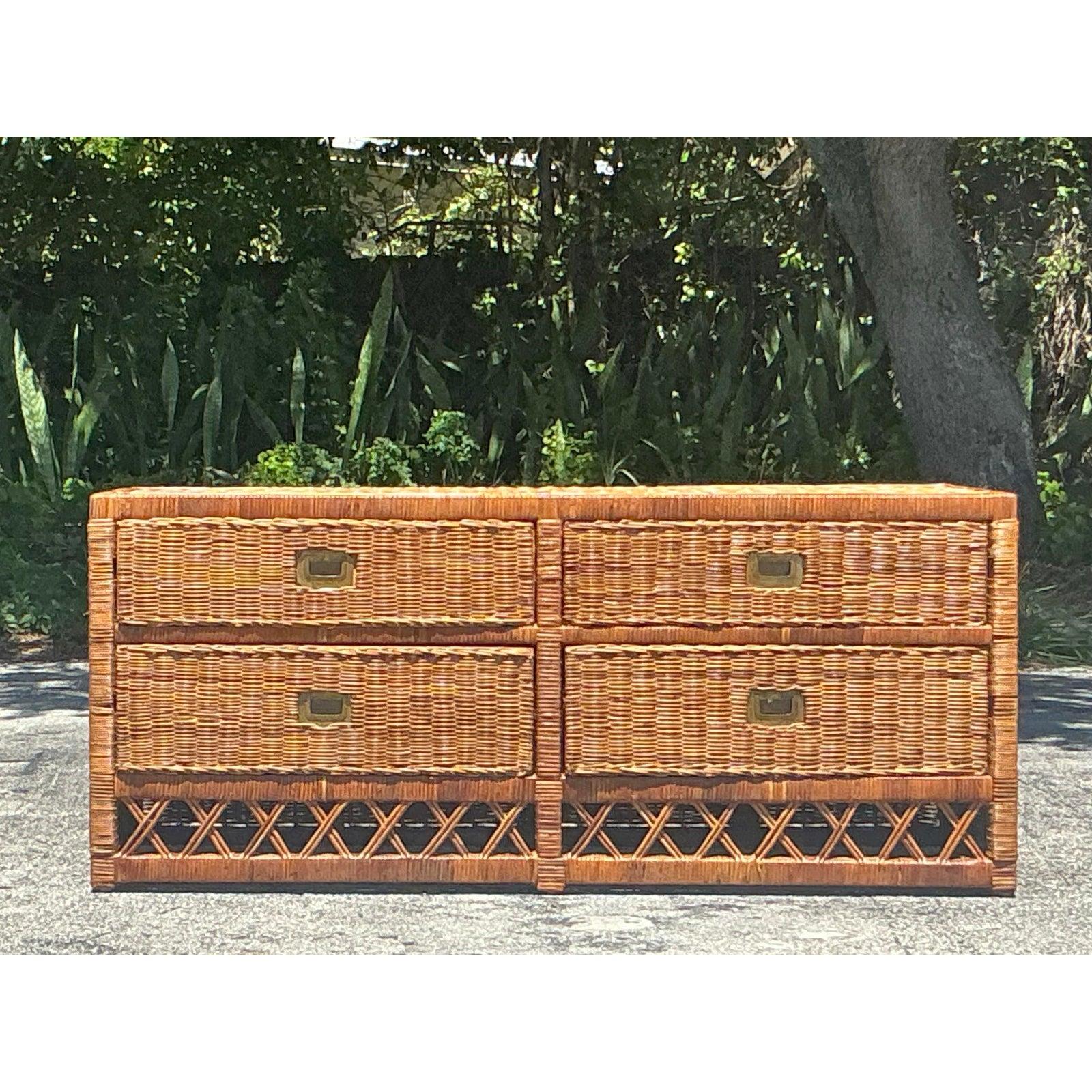 20th Century Vintage Coastal Woven Rattan Low Dresser For Sale
