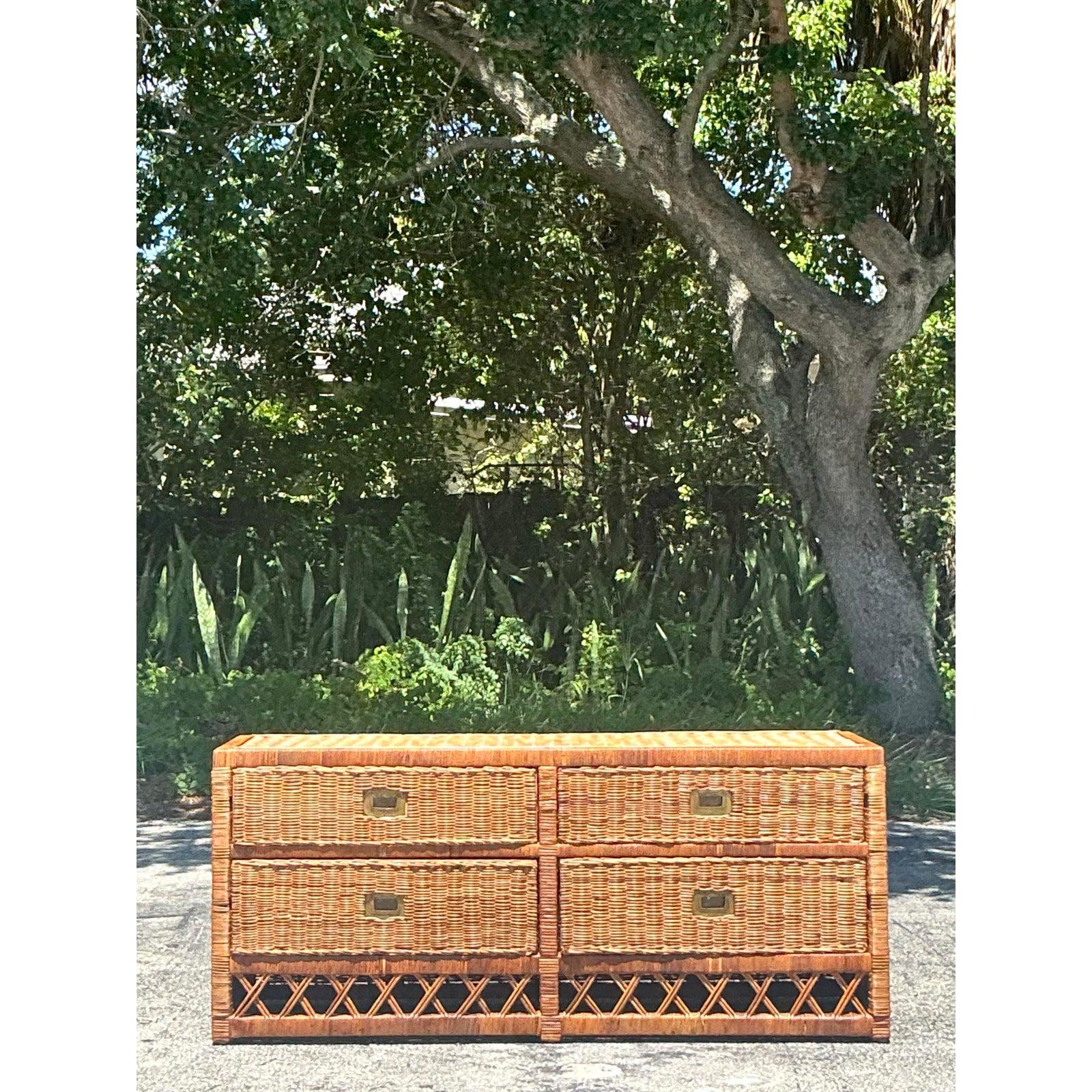 Brass Vintage Coastal Woven Rattan Low Dresser For Sale