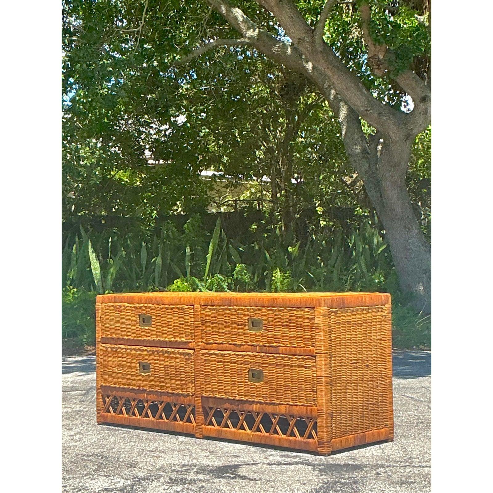 Vintage Coastal Woven Rattan Low Dresser For Sale 1