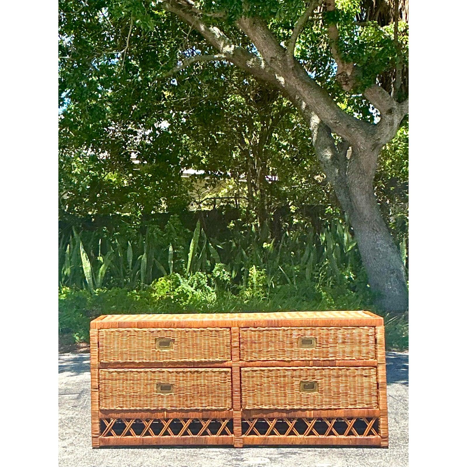 Vintage Coastal Woven Rattan Low Dresser For Sale 3