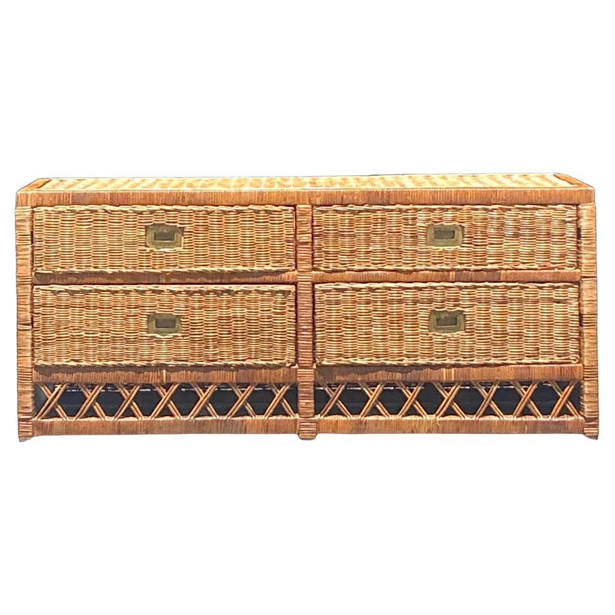 Vintage Coastal Woven Rattan Low Dresser